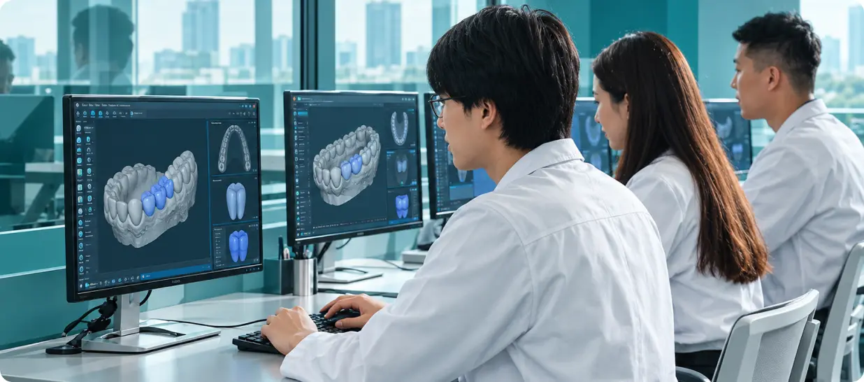 A technician checking a crown design on screen